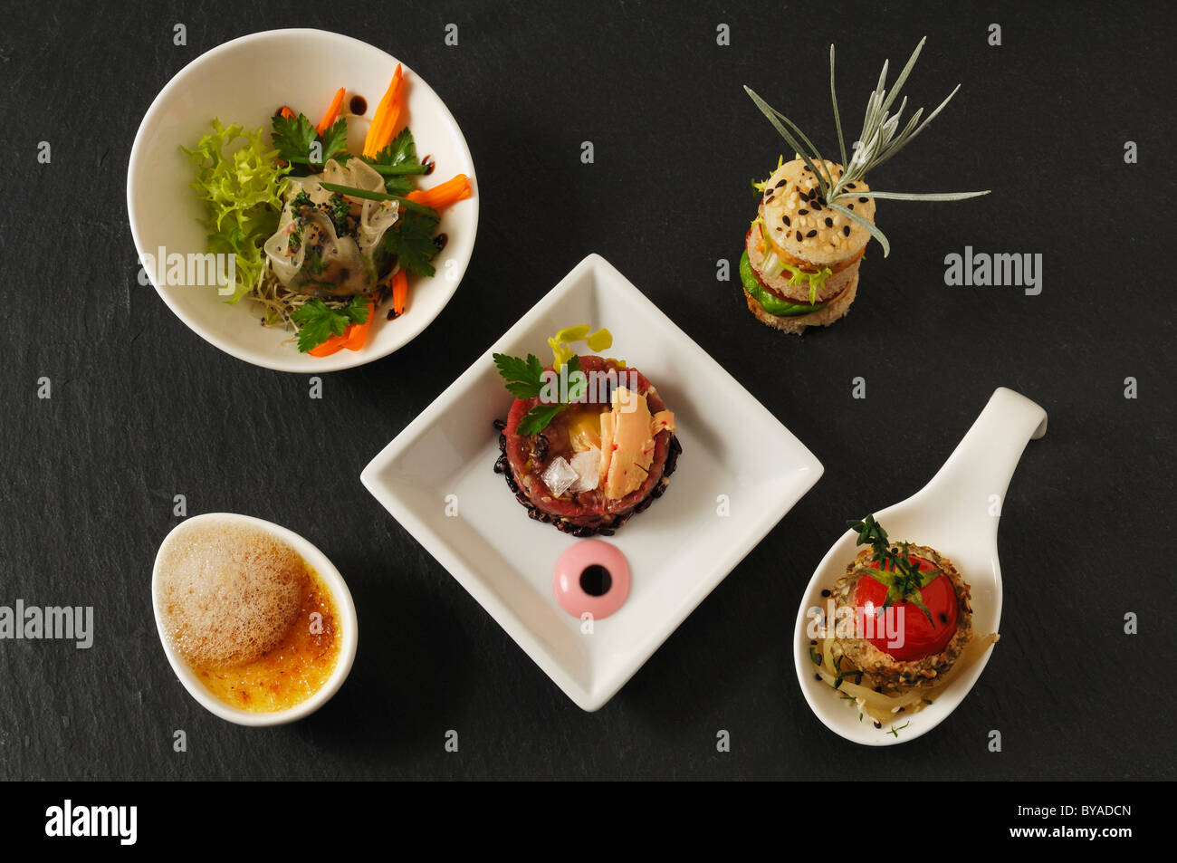 Five vrious appetisers with Foie Gras, food, haute cuisine Stock Photo