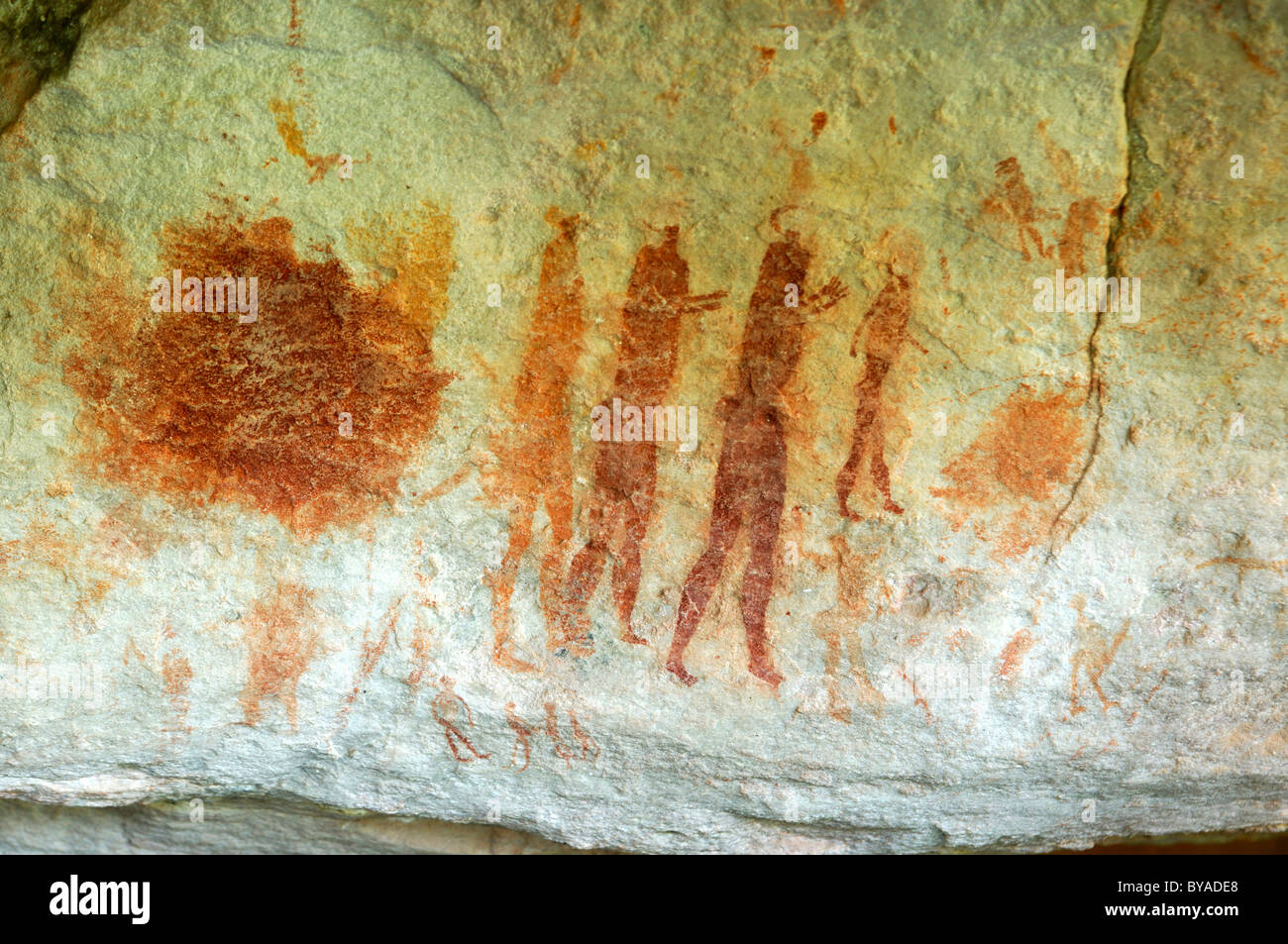 Dance group, prehistoric rock drawings of the Bushmen on the Sevilla Rock Art Trail near Clanwilliam, Cederberg Mountains, Stock Photo