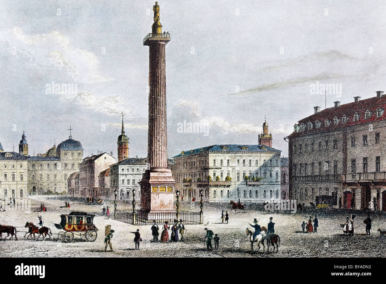 View of Darmstadt, Luisenplatz square and Ludwigsmonument landmark, about 1840, historic cityscape, steel engraving created in Stock Photo