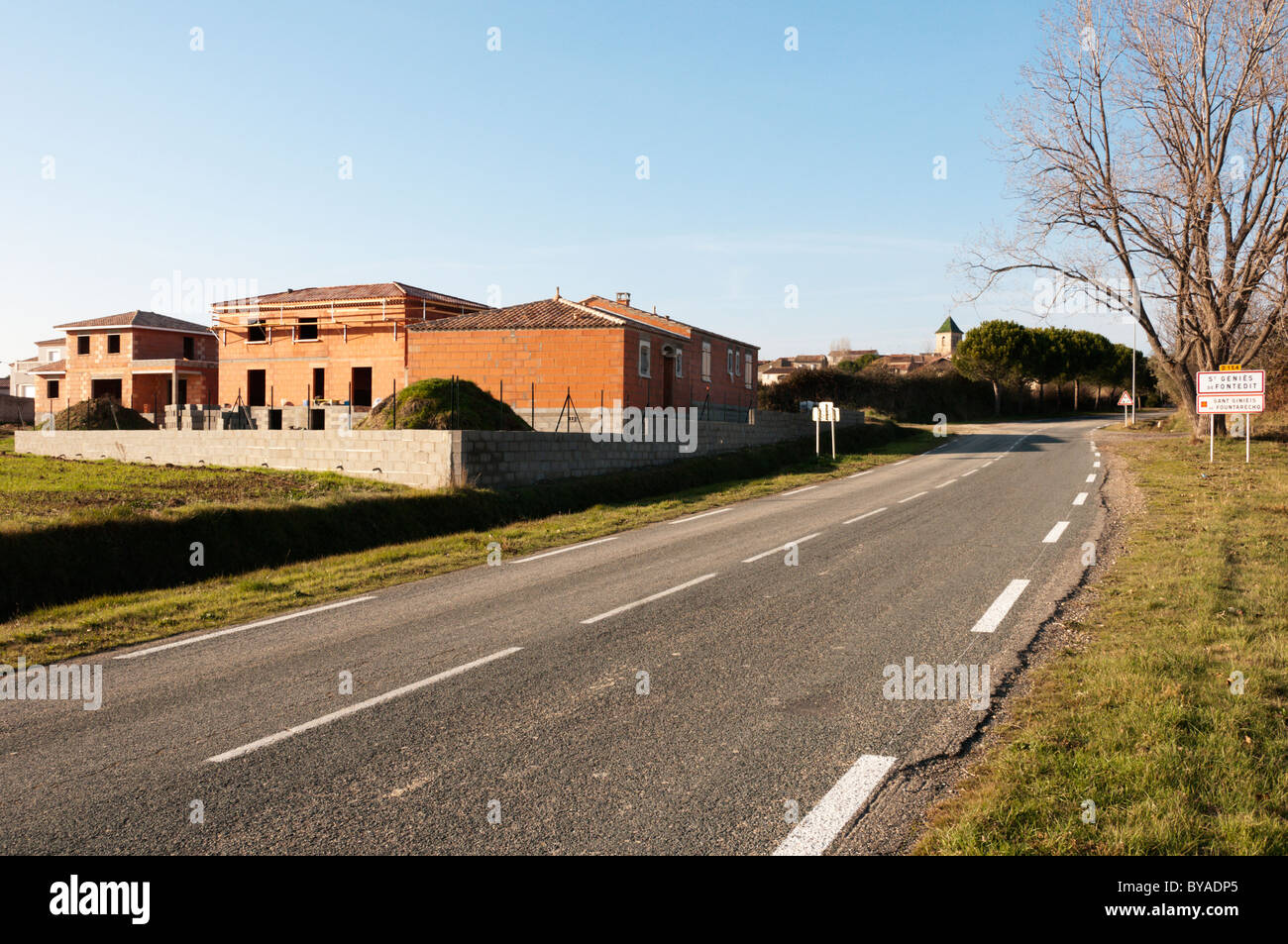 A new housing development being built on the edge of a French village in Languedoc-Roussillon. Stock Photo
