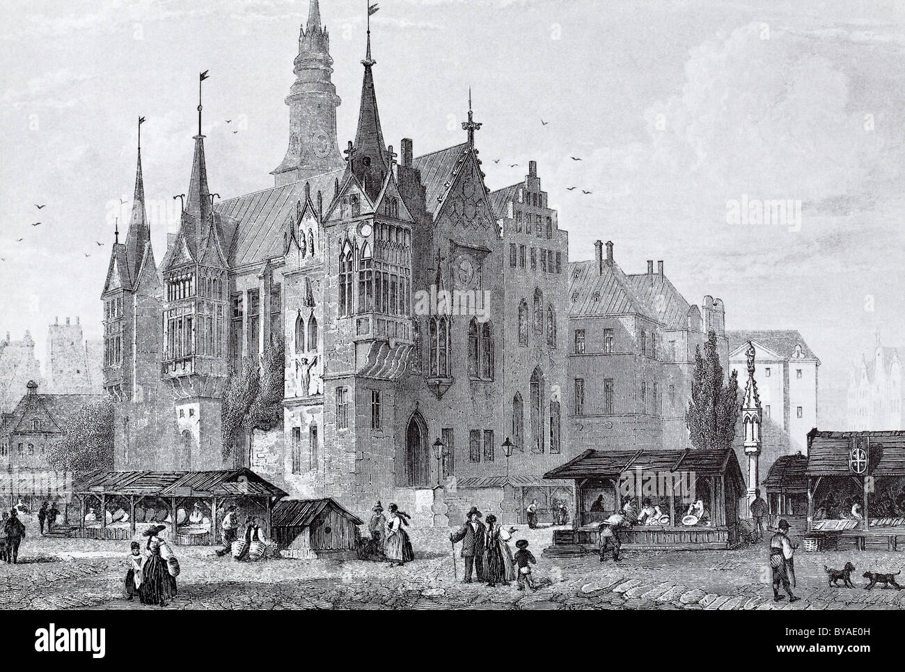 View of Wroc&#322;aw, town hall, about 1860, historic cityscape, steel engraving created in the 19th century, Lower Silesia Stock Photo