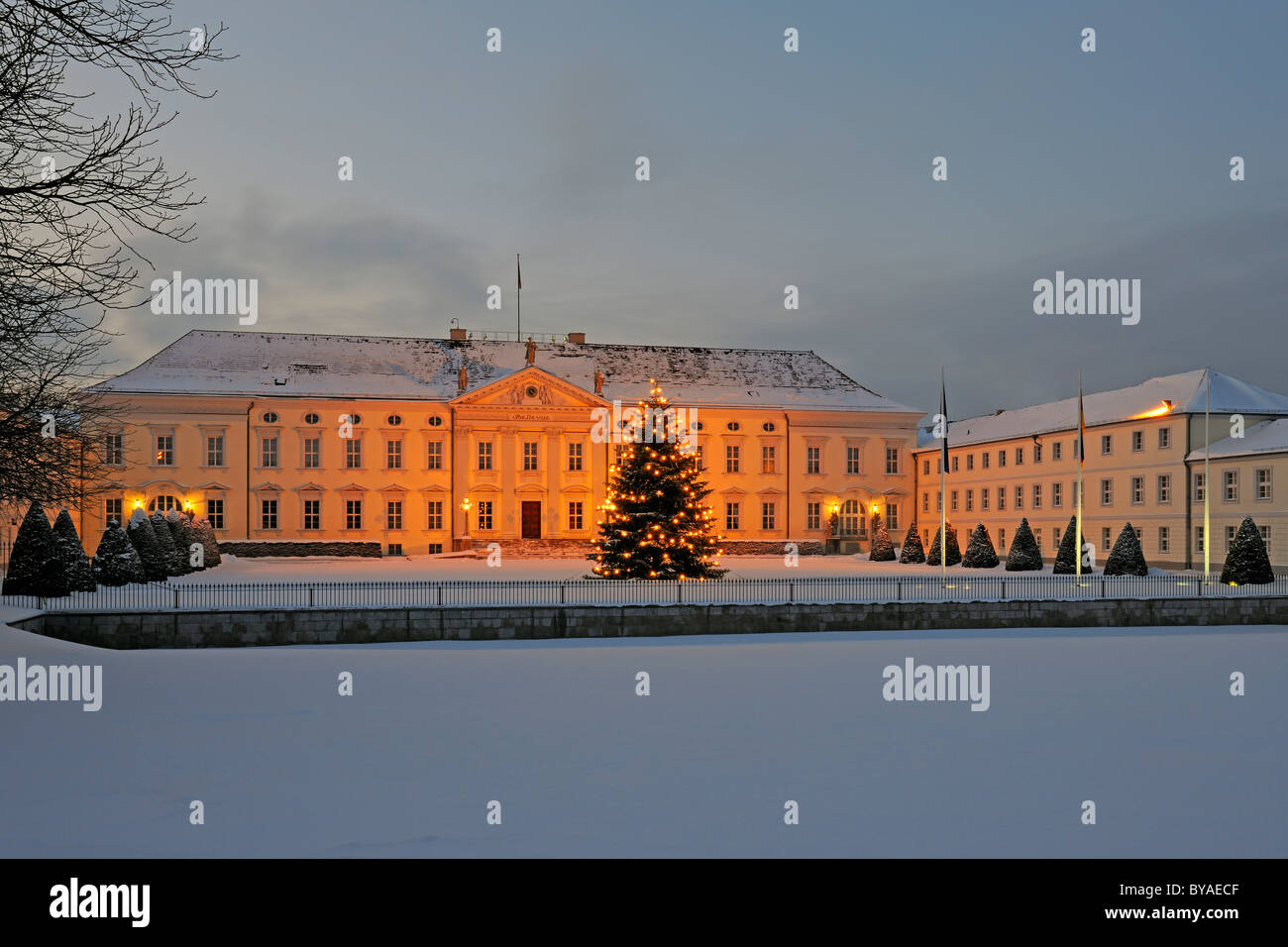 Bellevue Palace, residence of the German Federal President, with a Christmas tree at Christmas season, Berlin, Germany, Europe Stock Photo