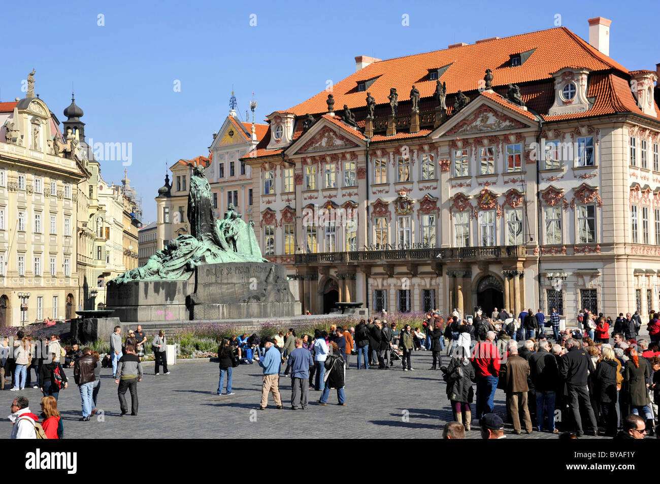 Jan Hus Memorial, rococo style Goltz-Kinsky Palace, Old Town Square, historic district, Prague, Bohemia, Czech Republic, Europe Stock Photo