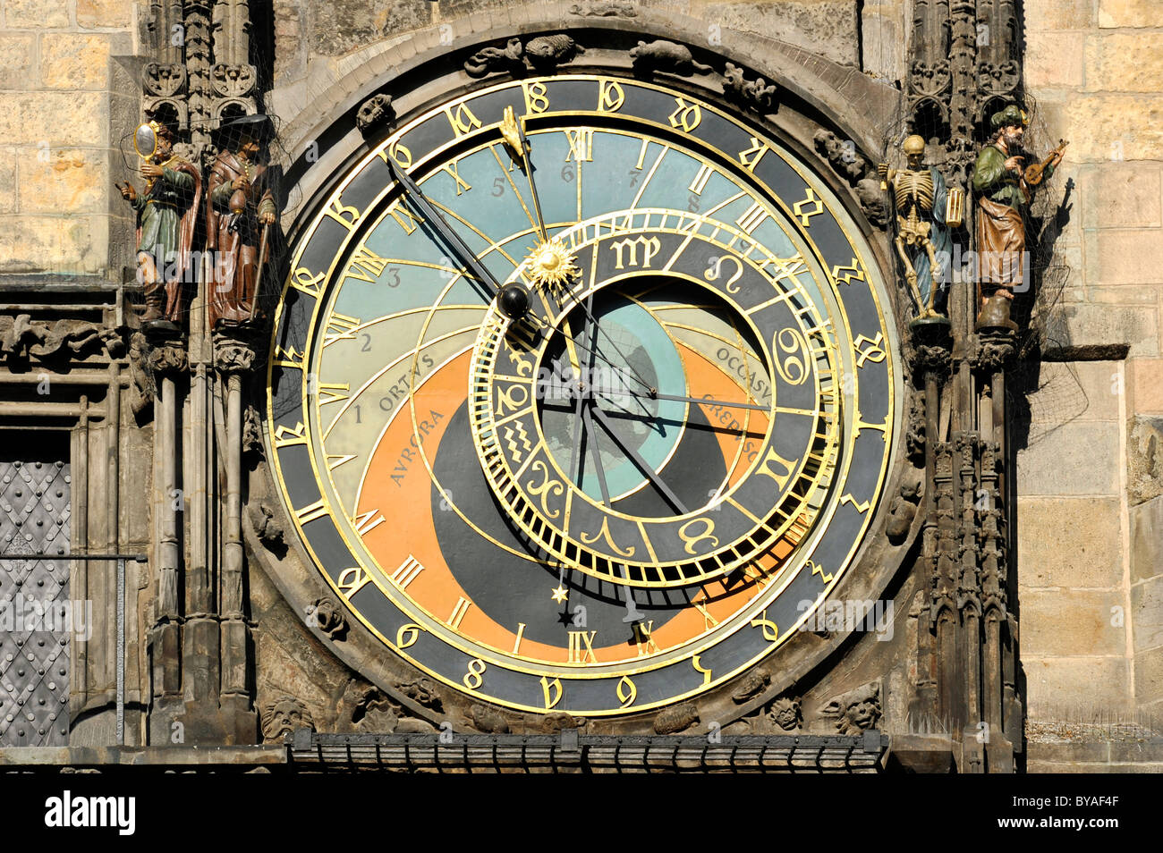 Astronomical dial of the Prague Astronomical Clock on the clock tower of the Old Town City Hall, Old Town Square Stock Photo