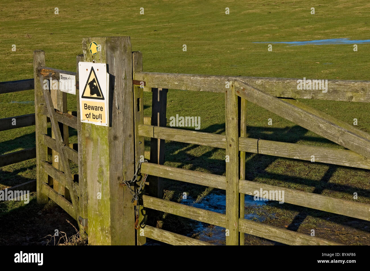 Beware of the bull sign on wooden farm gate North Yorkshire England UK ...