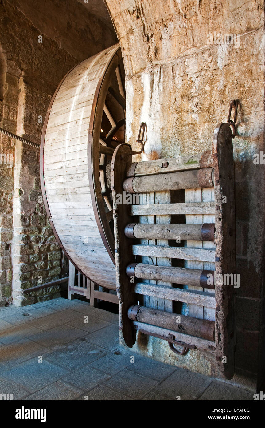 Tread wheel at the Mont Saint-Michel abbey, Normandy, France Stock Photo