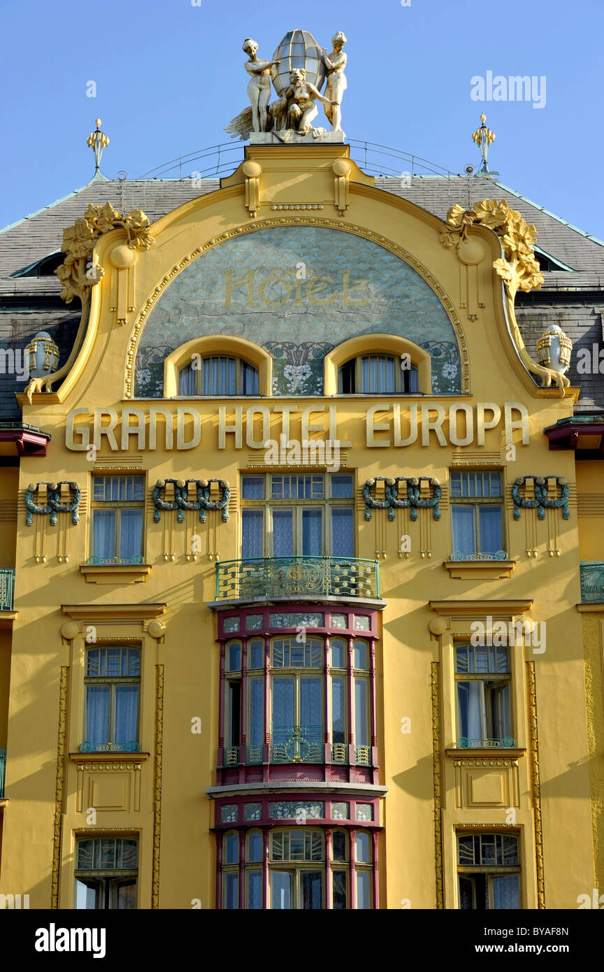Grand Hotel Europe in Art Nouveau style, Wenceslas Square, Prague, Bohemia, Czech Republic, Europe Stock Photo
