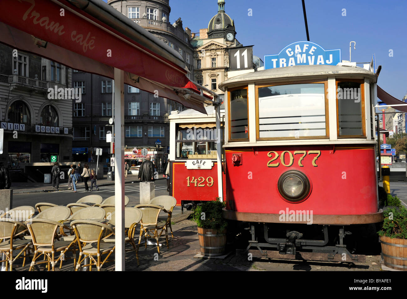 Old railway cars, Tram Café, Wenceslas Square, Prague, Bohemia, Czech Republic, Europe Stock Photo