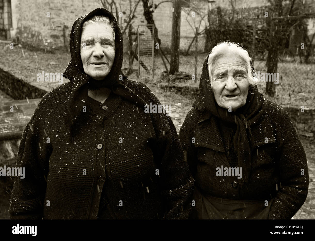 These two kind hearted old ladies, are 2 of the last 3 permanent inhabitants of Gannadio village, at Ioannina, Epirus, Greece Stock Photo