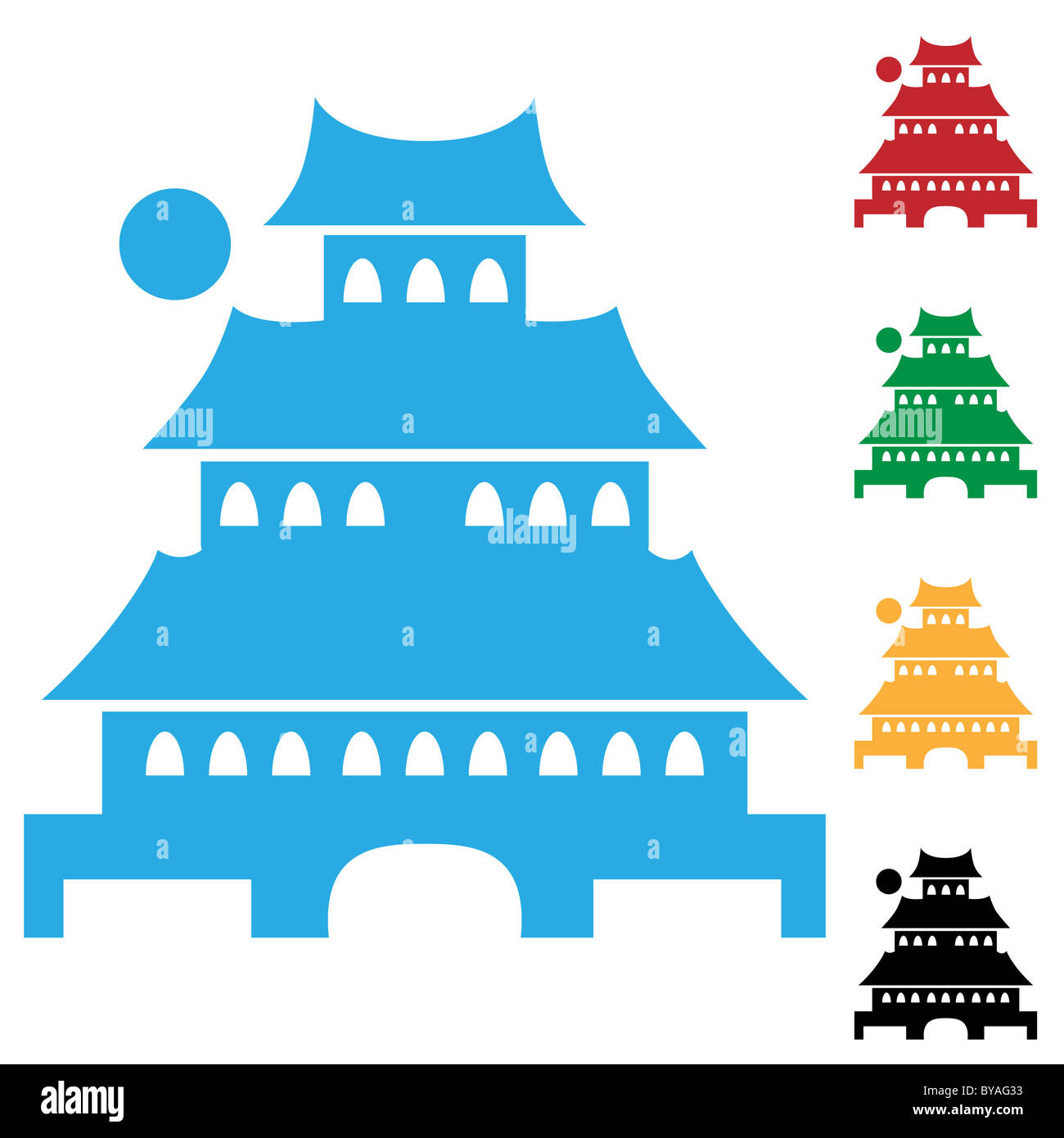 Set of 4 pagodas in different colors. Stock Photo