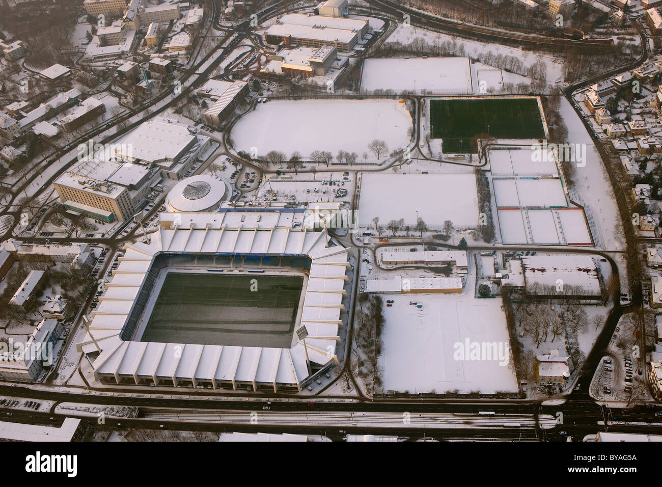 Aerial view, VfL-Stadion and closed sports fields, Bochum, Ruhrgebiet region, North Rhine-Westphalia, Germany, Europe Stock Photo