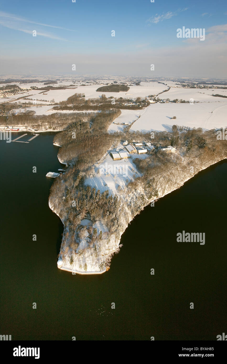 Aerial view, Lake Moehnesee, dam, lake, snow, Soest, North Rhine-Westphalia, Germany, Europe Stock Photo