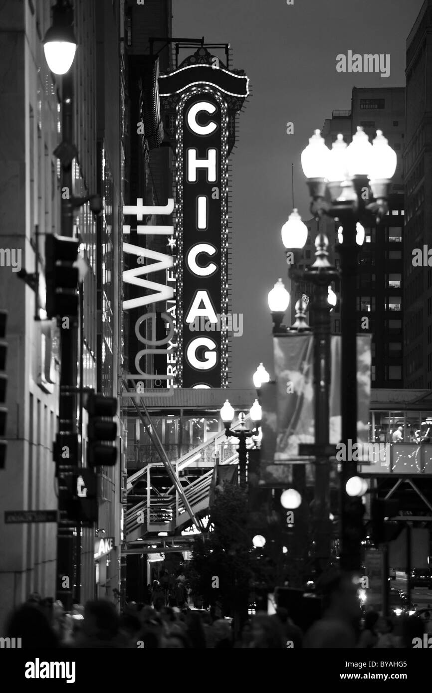 Black and white, night shot, neon sign of the Chicago Theater, River Loop, Chicago, Illinois, United States of America, USA Stock Photo