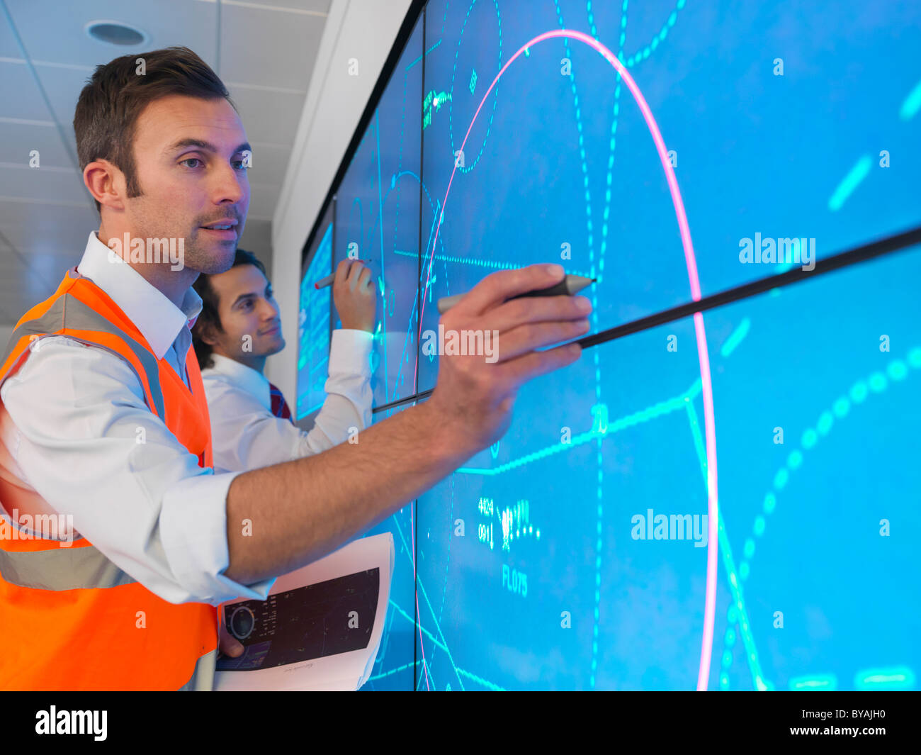 Air traffic controllers with simulation Stock Photo