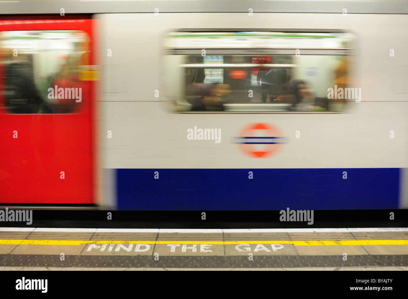 Mind The Gap warning, Westminster Underground Tube Station, London, England, UK Stock Photo