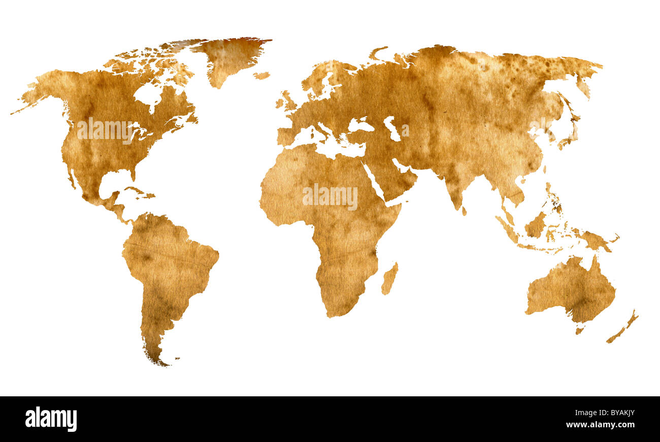 World map with parchment texture. Map reference: http://veimages.gsfc.nasa.gov/3446/lcc global 2048.jpg Stock Photo