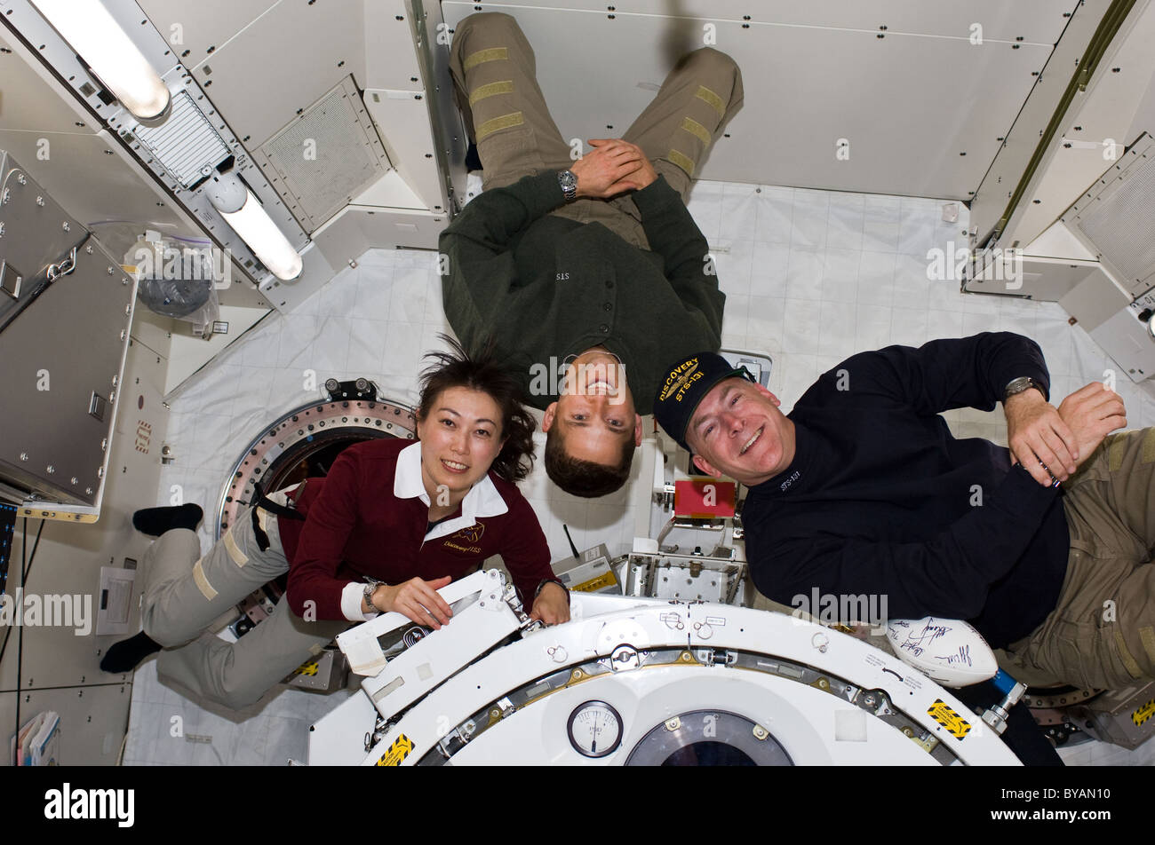 Astronauts inside International Space Station Mission 131 12 April 2010 Stock Photo