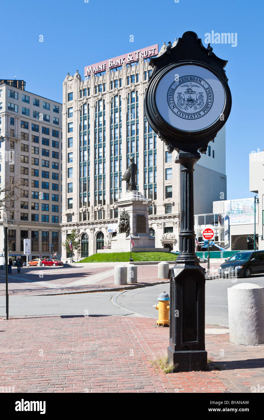 Lamp post with the Seal of the City downtown in Portland, Maine Stock Photo