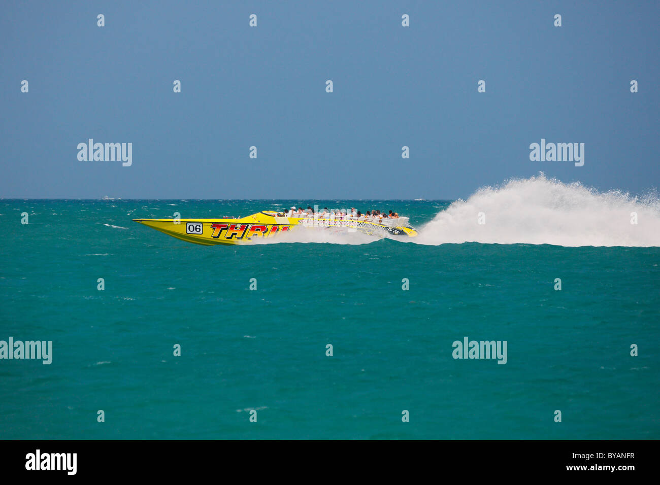 Tourists enjoy on speedboat ride in Miami Stock Photo
