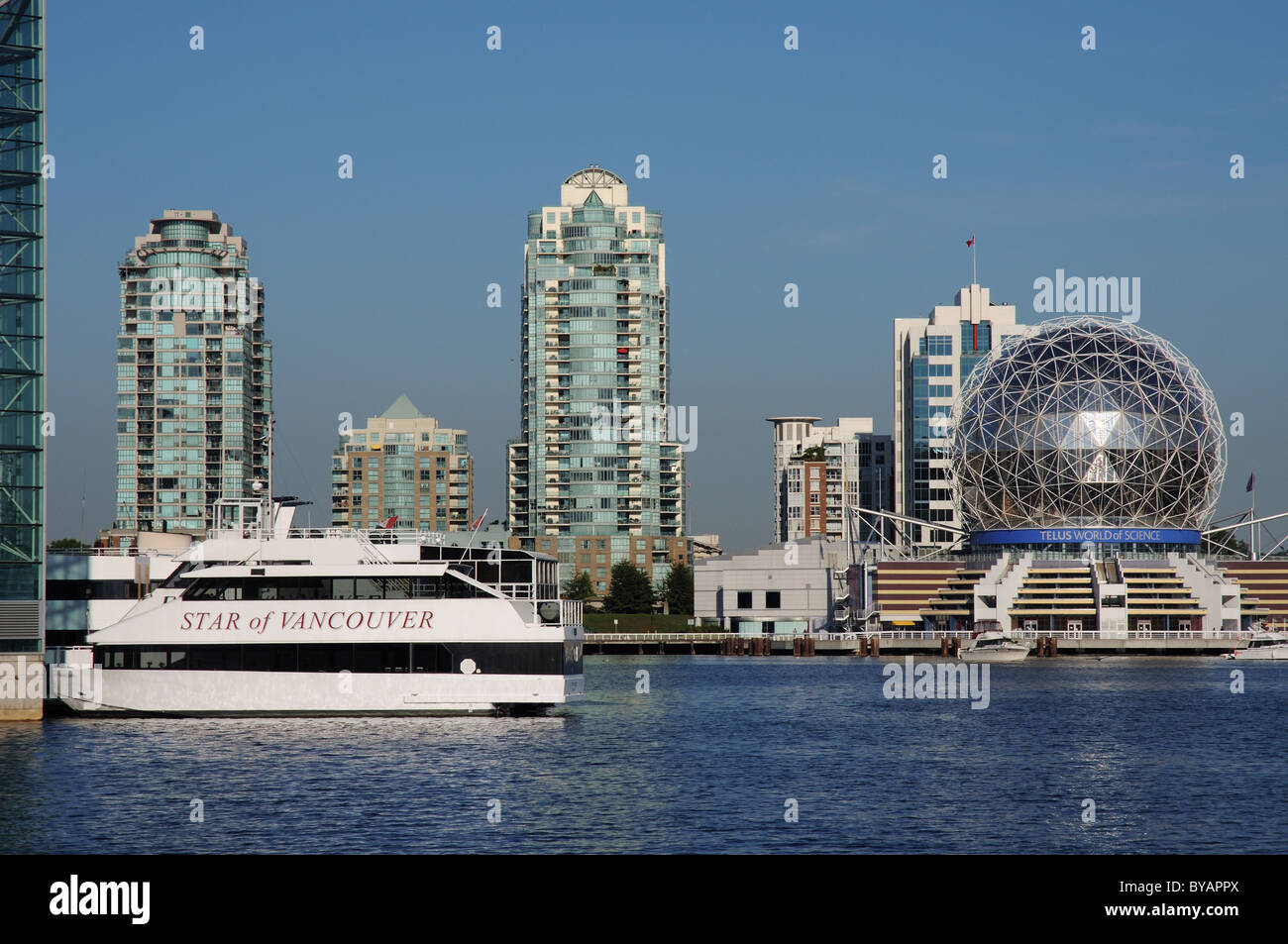 The Star of Vancouver charter ship on False Creek, Vancouver with the Science Centre beyond Stock Photo
