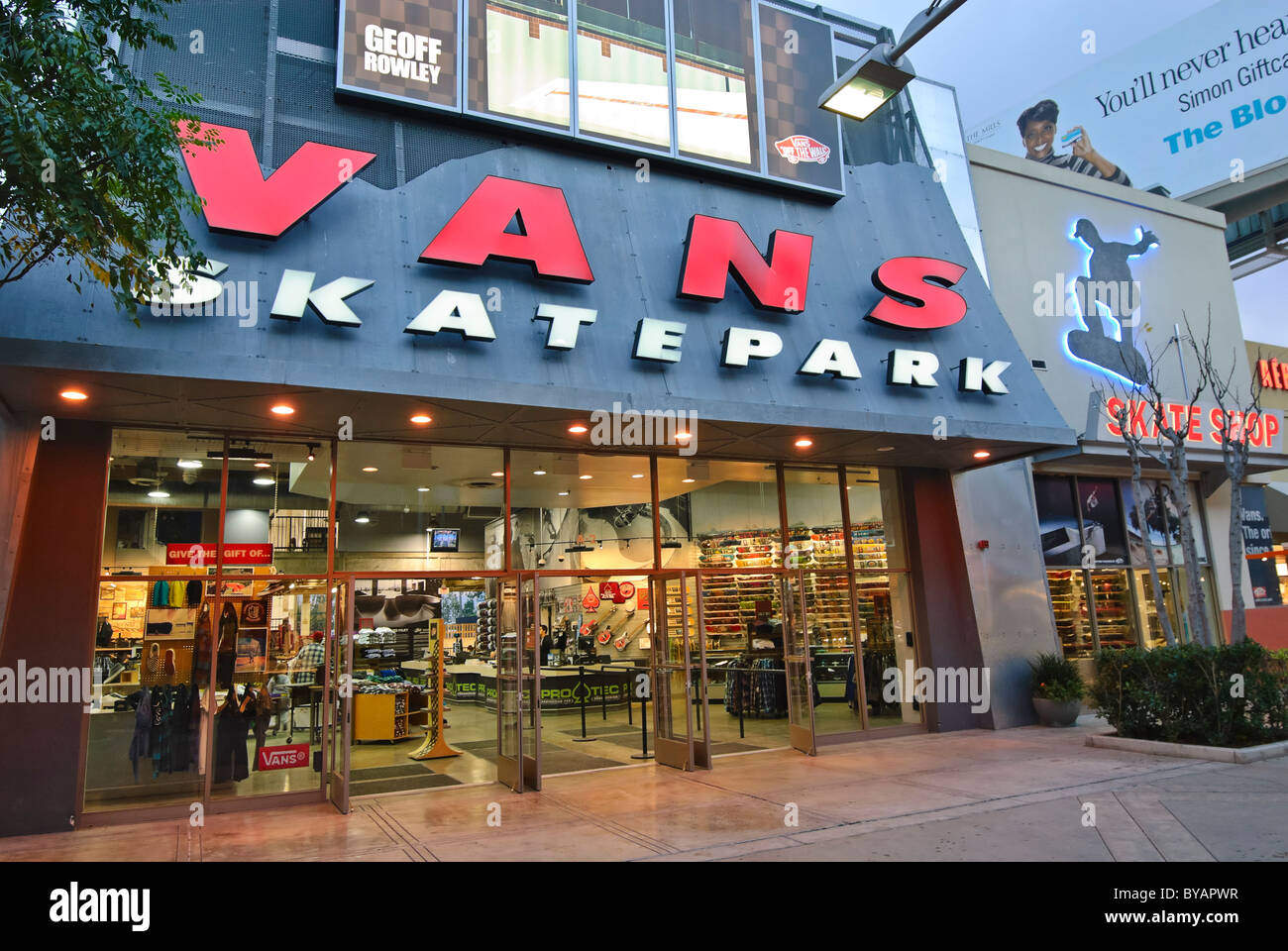 Vans skatepark and adjacent skate themed retail stores. Stock Photo