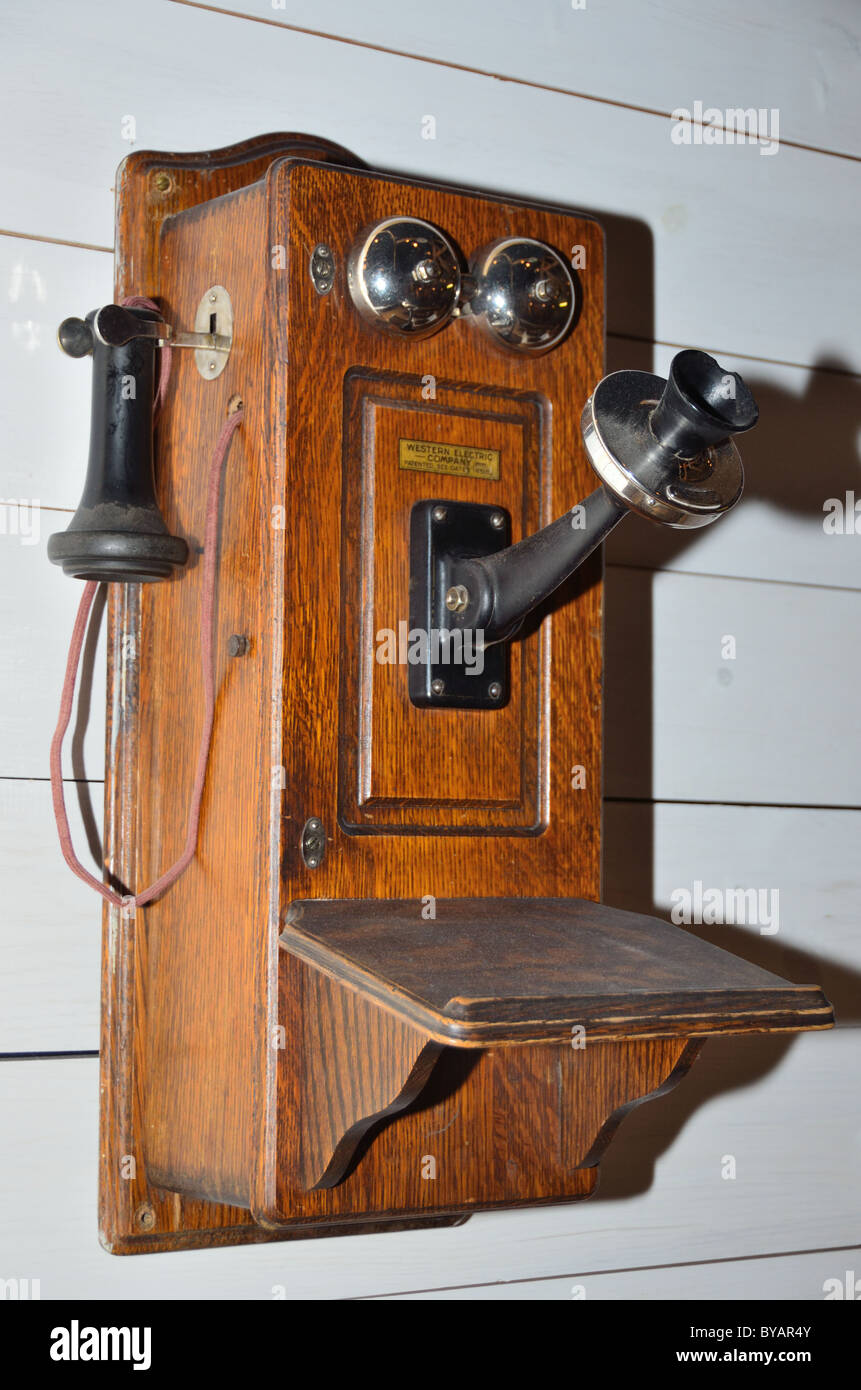 An old telephone with wooden box. Museum of Rockies, Bozeman, Montana