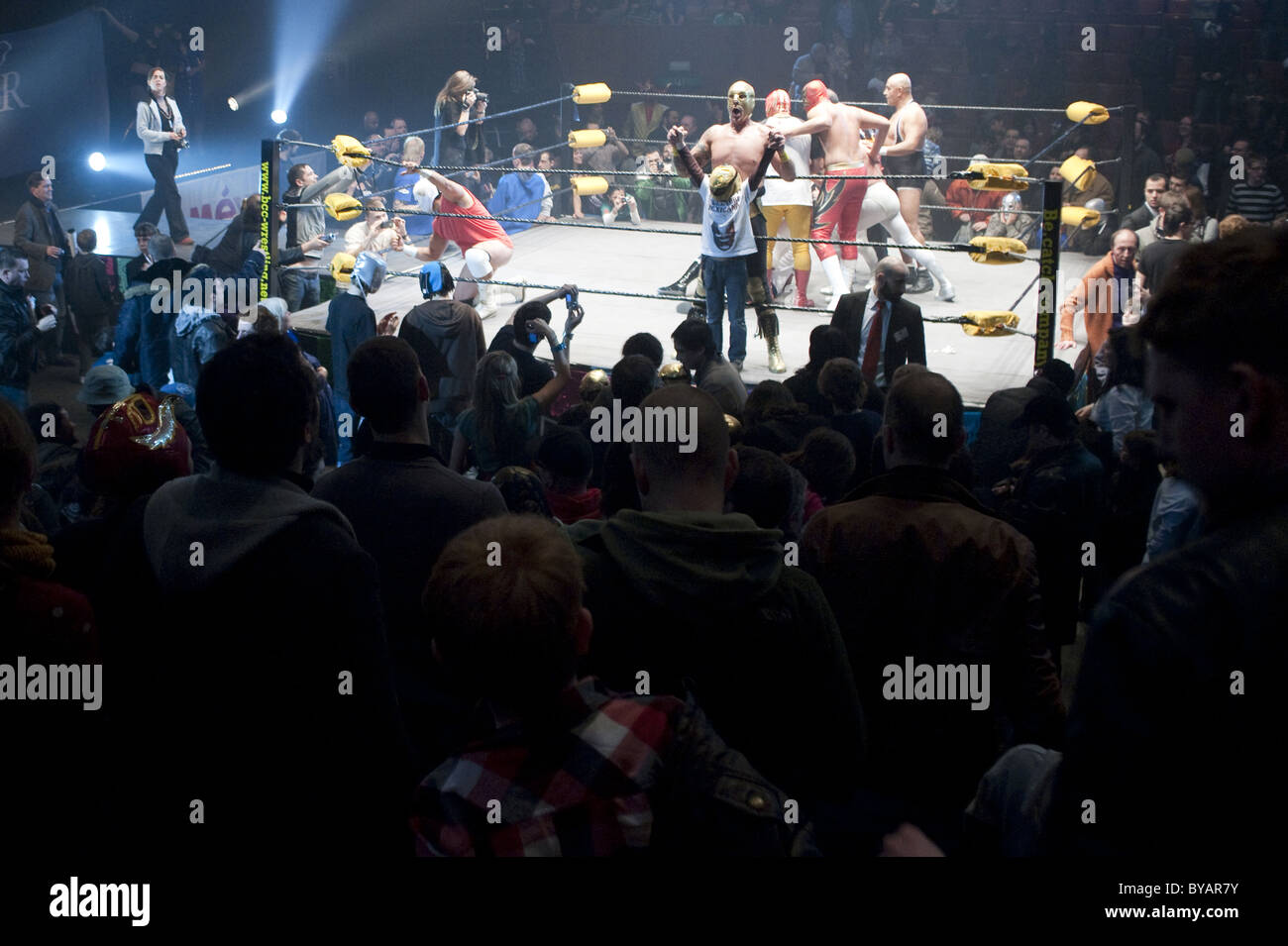 Crowd at the end of an exhibition of Lucha Libre (Mexican wrestling) in Brussel's 'Cirque Royal' Stock Photo