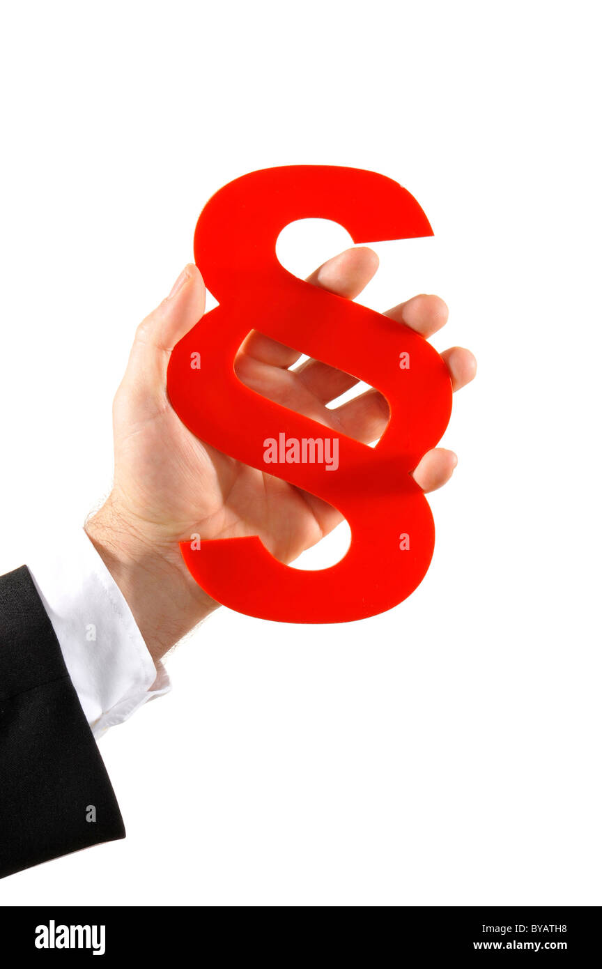 Business man's hand holding section sign, symbolic image Stock Photo