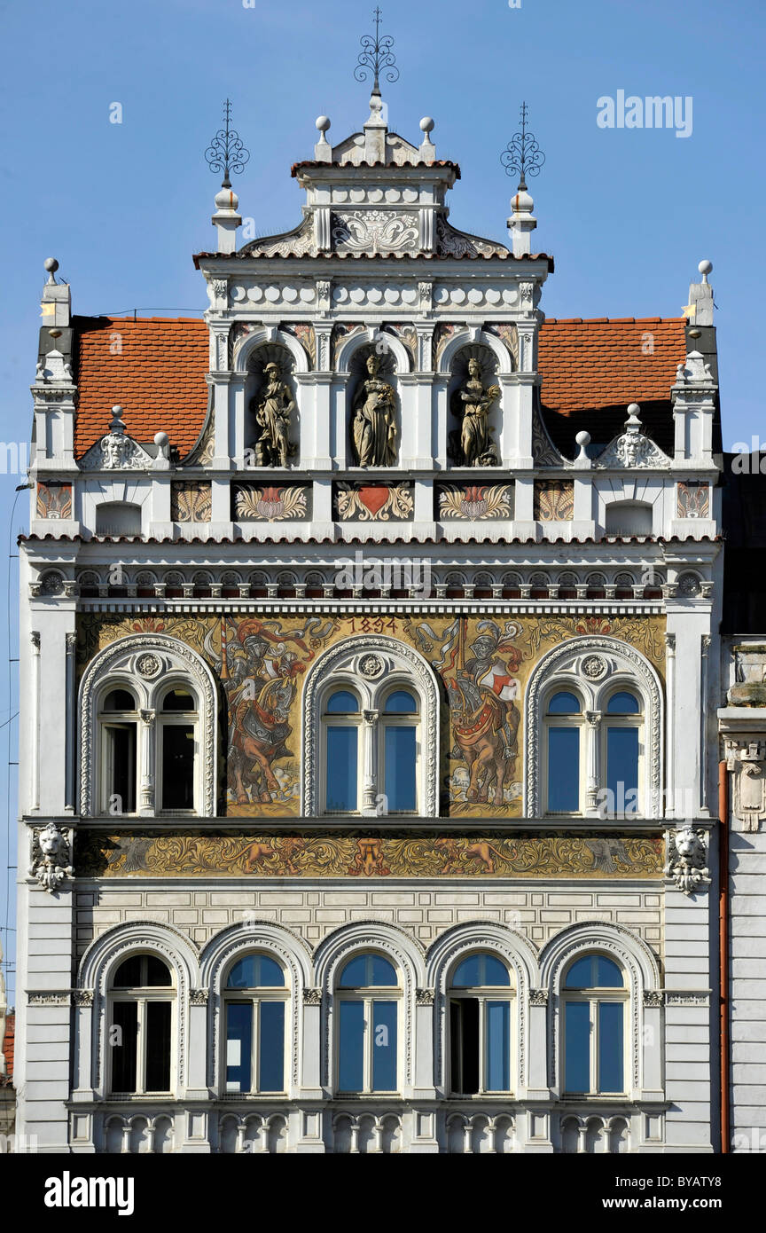 Red Heart House Renaissance and Baroque town house with sgraffito, Republic Square, Pilsen, Bohemia, Czech Republic, Europe Stock Photo