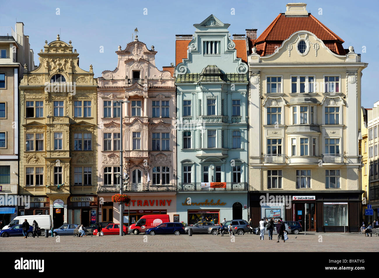 Baroque town houses, Republic Square, Pilsen, Bohemia, Czech Stock