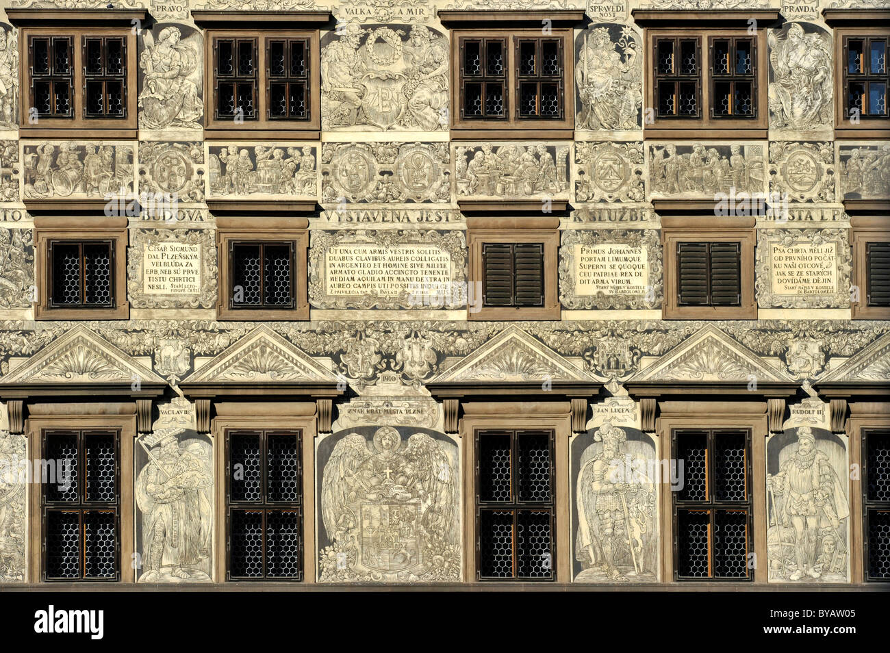 Renaissance facade of the Town Hall with sgraffito, Republic Square, Pilsen, Bohemia, Czech Republic, Europe Stock Photo