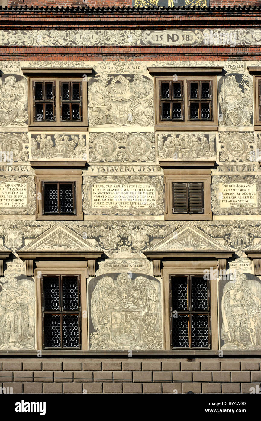 Renaissance facade of the Town Hall with sgraffito, Republic Square, Pilsen, Bohemia, Czech Republic, Europe Stock Photo