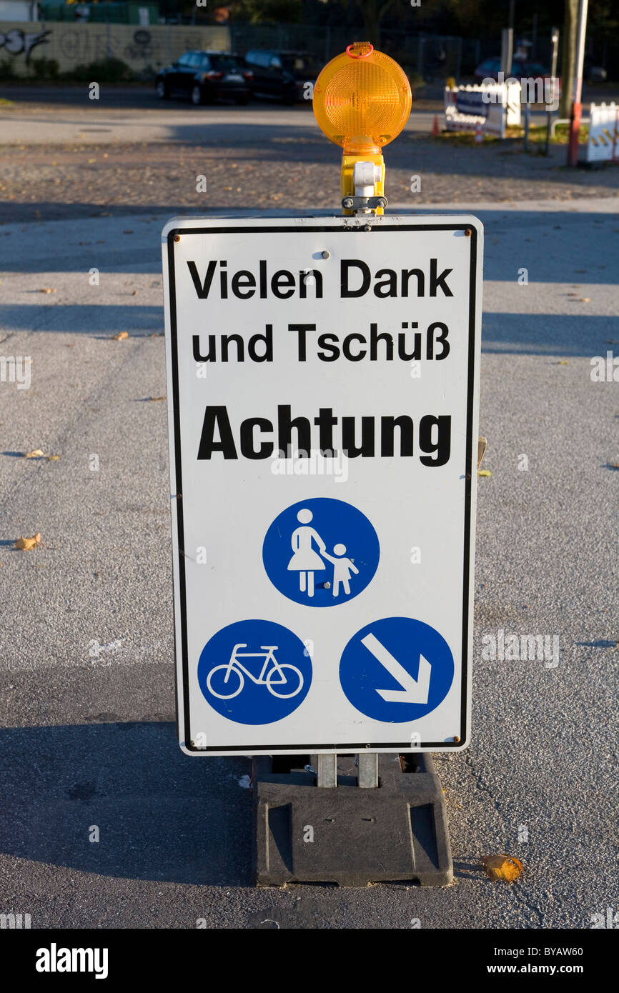 Sign, Vielen Dank und Tschuess, Achtung, German for thank you and goodbye, caution, Hamburg, Germany, Europe Stock Photo