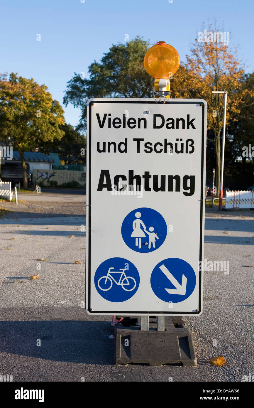 Sign, Vielen Dank und Tschuess, Achtung, German for thank you and goodbye, caution, Hamburg, Germany, Europe Stock Photo