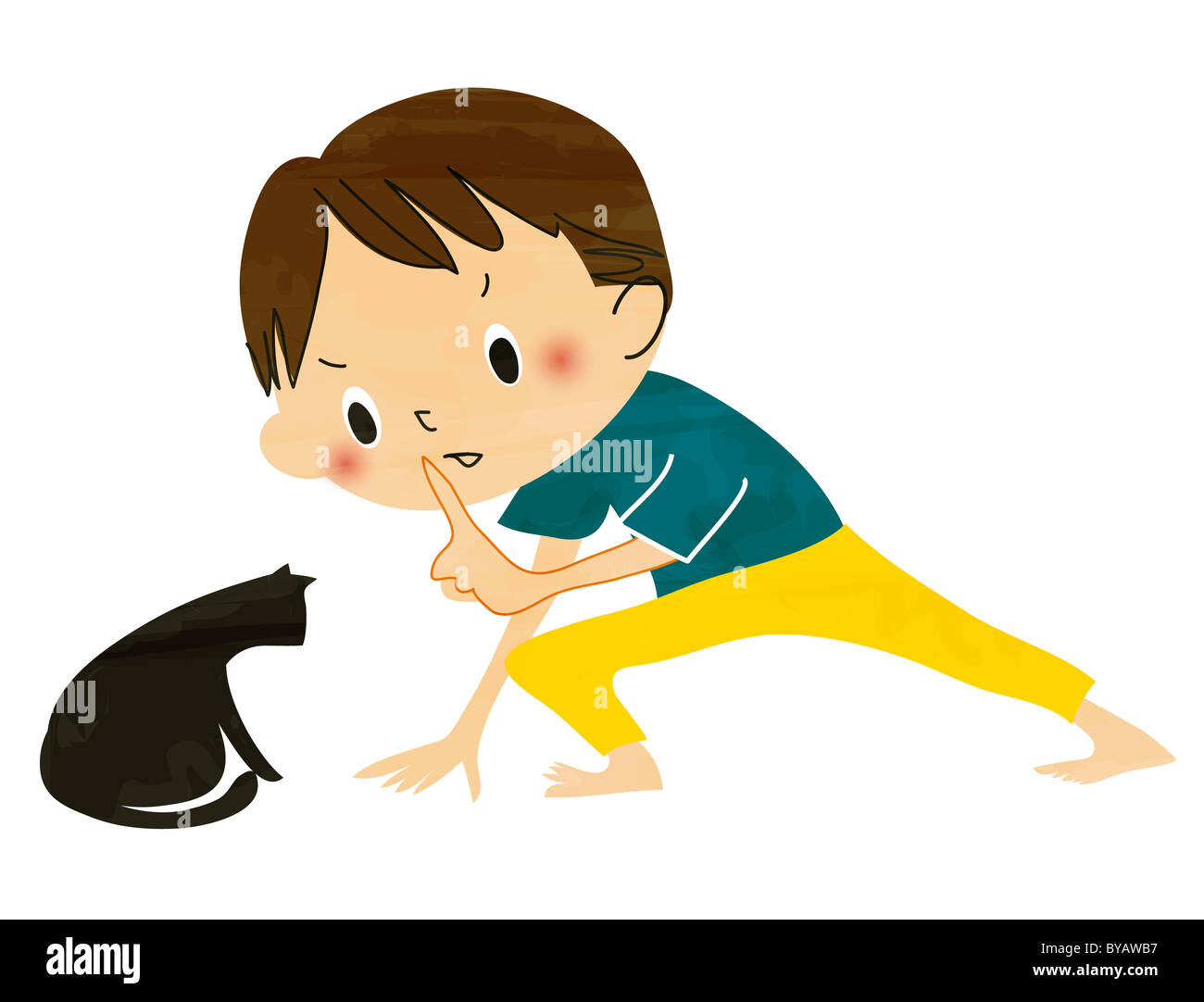 Illustration of a boy telling a black cat to be quiet Stock Photo Alamy