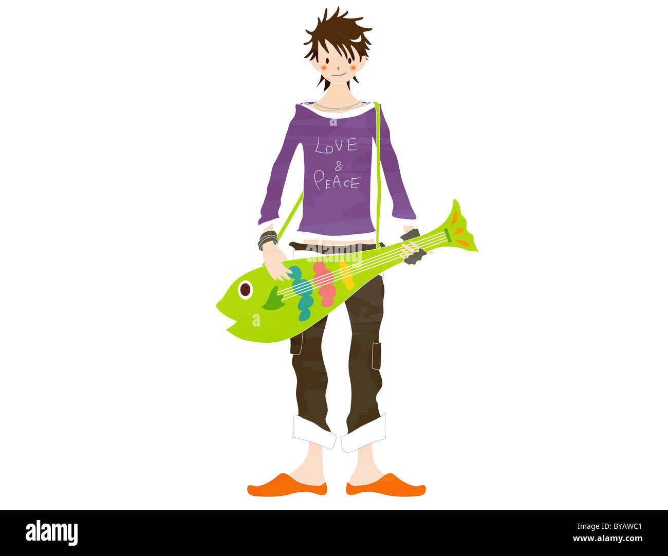 Illustration of a man playing a guitar shaped like a fish Stock Photo