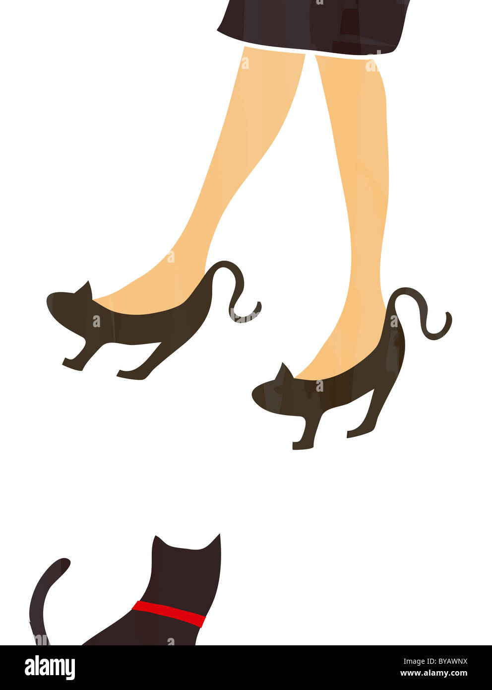 Illustration of a woman wearing cat like shoes and a black cat Stock Photo