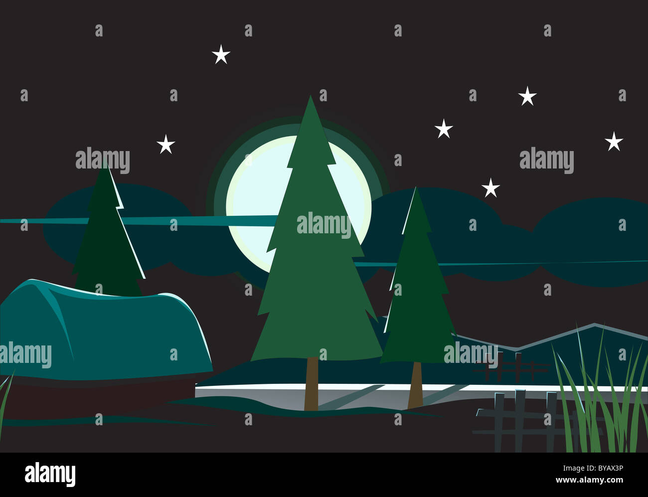 Fir trees with stars and moon Stock Photo - Alamy