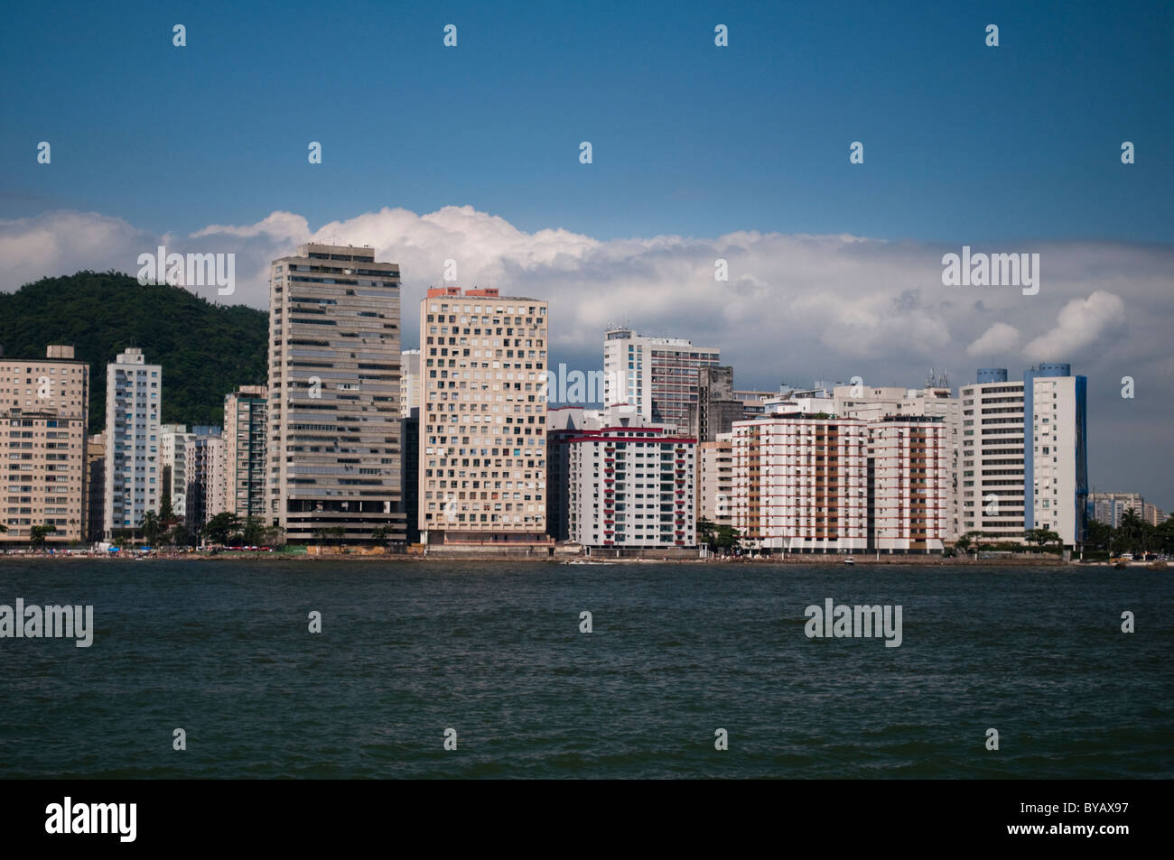 Shore line view of buildings of São Vicente, city in coast of São Paulo state, Brazil Stock Photo