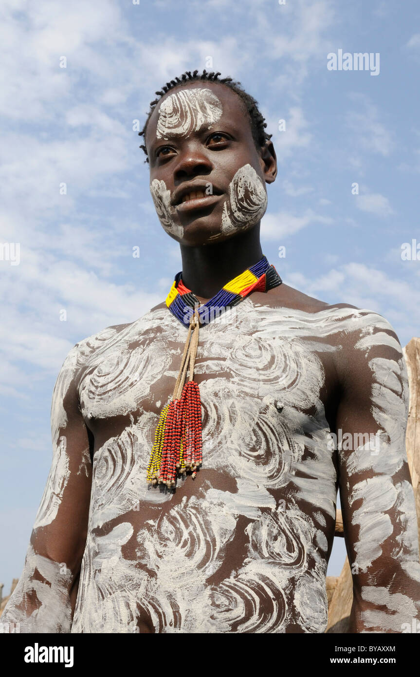 Painted man from the Karo tribe, southern Omo valley, southern Ethiopia, Africa Stock Photo