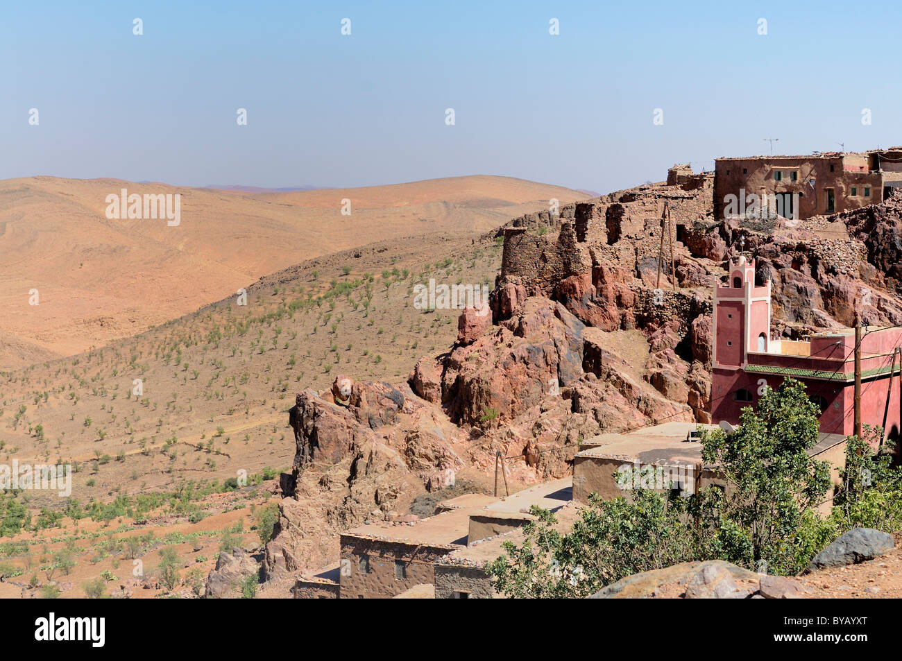 Pink mosque in a rugged cliff, Anti-Atlas, Morocco, Africa Stock Photo