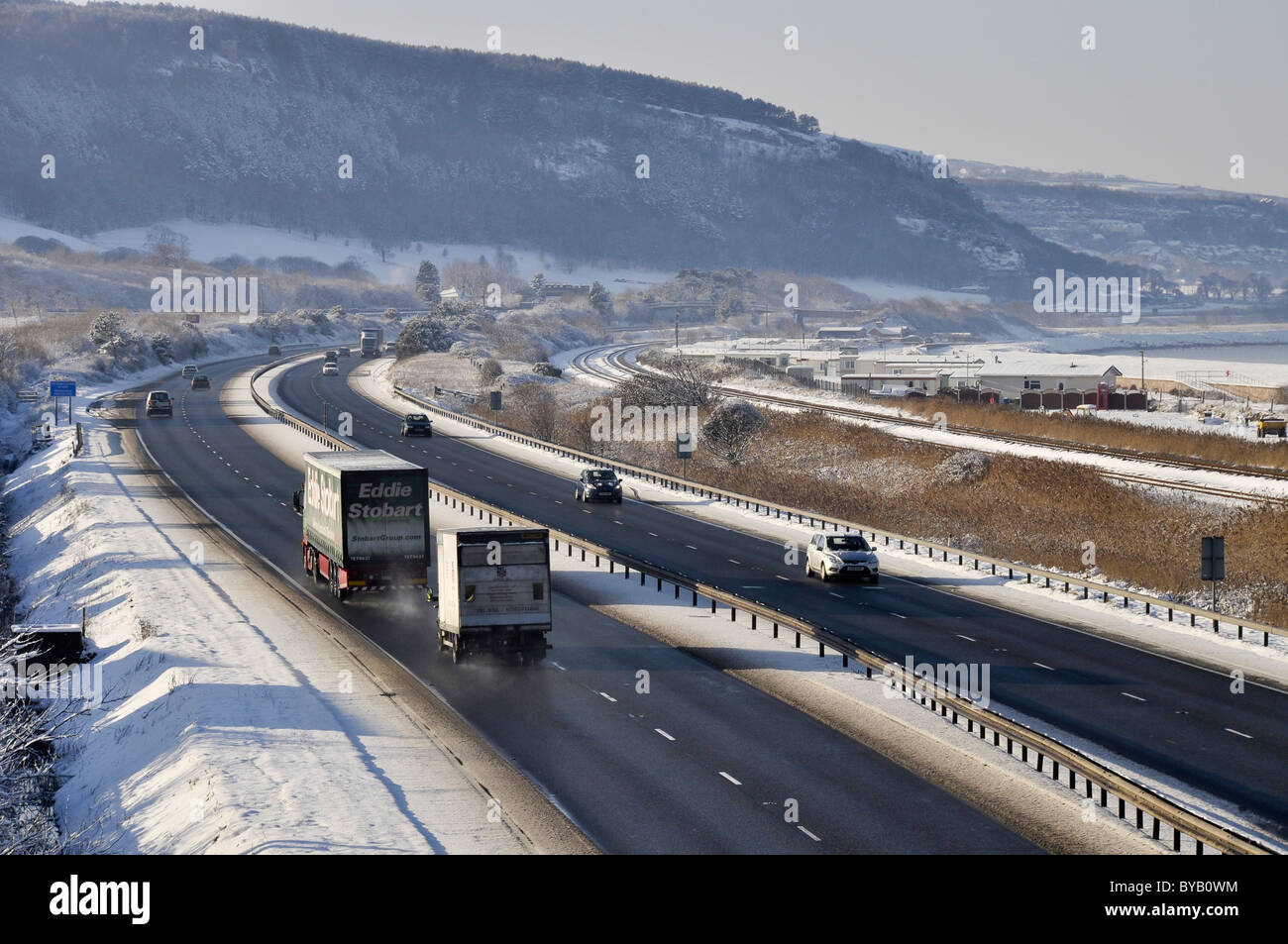 Adverse Winter road conditions A55 North Wales Stock Photo