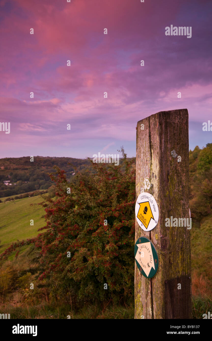 Cotswold Way guide post, Barrow Wake, near Birdlip, Gloucestershire, UK