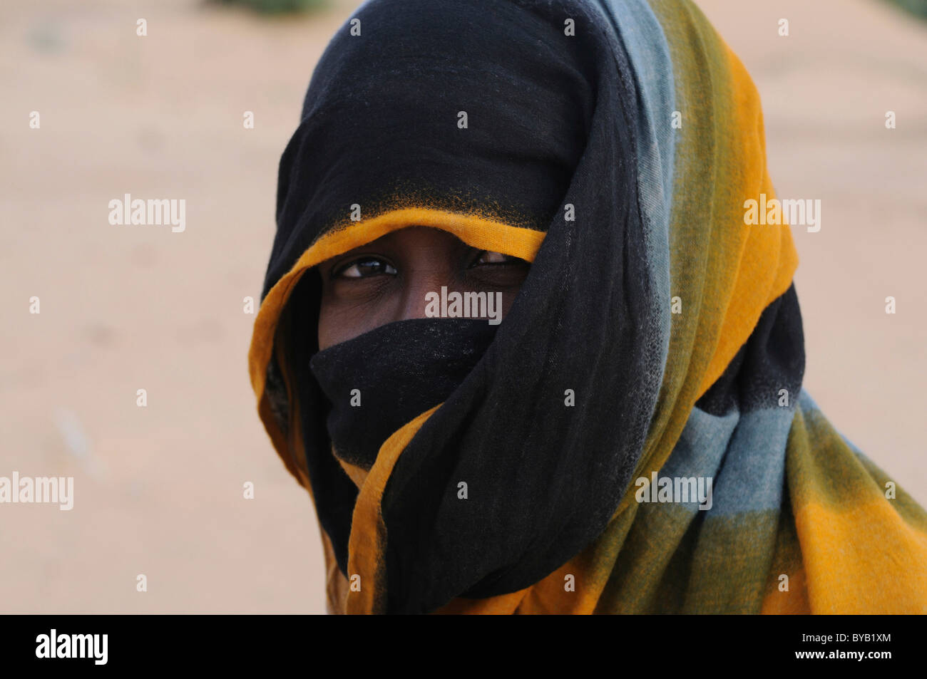 Veiled woman with traditional dress, portrait, Banc d' Arguin, Mauritania, northwestern Africa Stock Photo