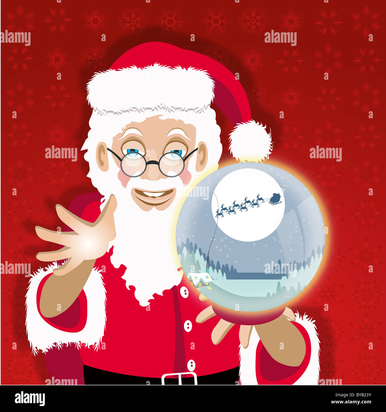 Santa holding a snow globe with a Christmas scene inside Stock Photo