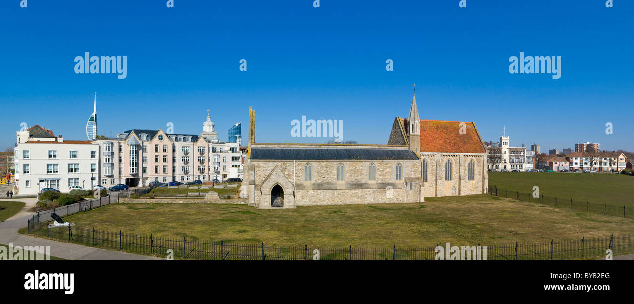 Panorama of Portsmouth with Royal Garrison Church, Domus Dei, Spinnaker Tower from King's Bastion, Old Portsmouth, Hampshire Stock Photo
