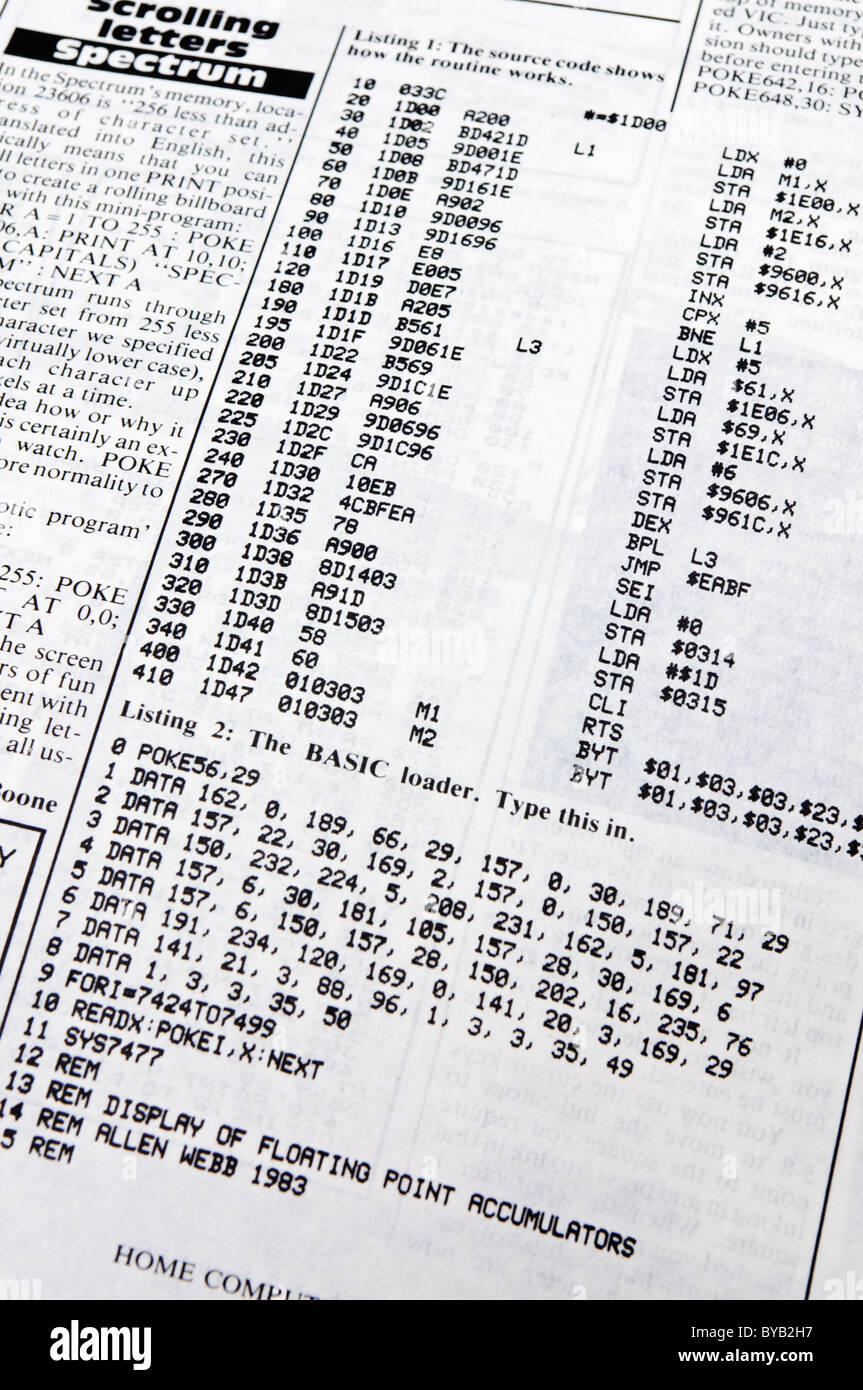 6502 Machine Code program for a Commodore Vic-20 in a computer magazine from 1983 Stock Photo