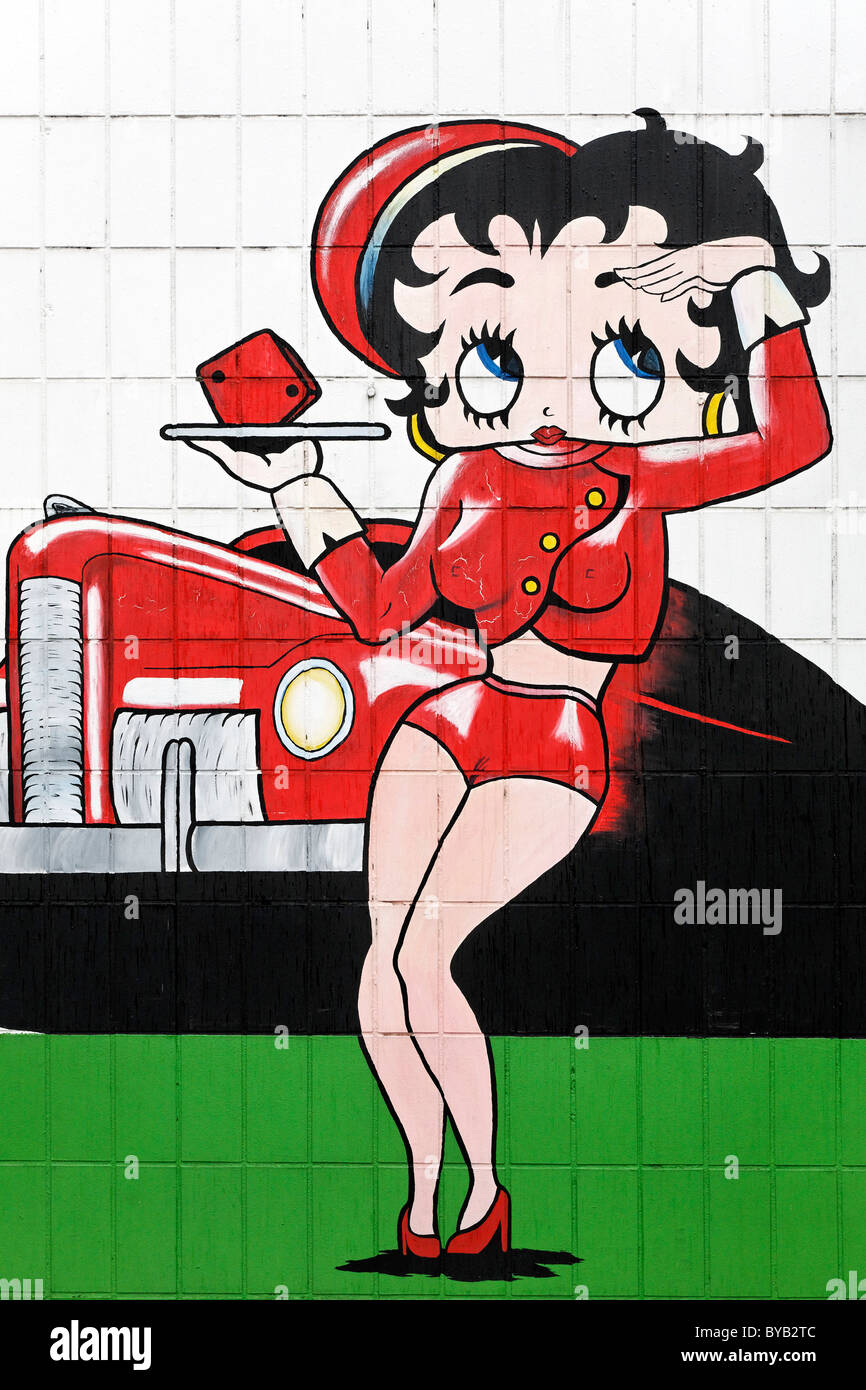 Waitress with saucer eyes, comic-style advertising character painted on the wall, drive-in restaurant, Krefeld Stock Photo