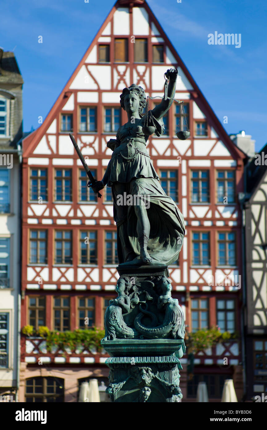 Silhouette, Justitia statue, old Roman goddess of justice, Roemerberg square, Frankfurt, Hessen, Germany, Europe Stock Photo
