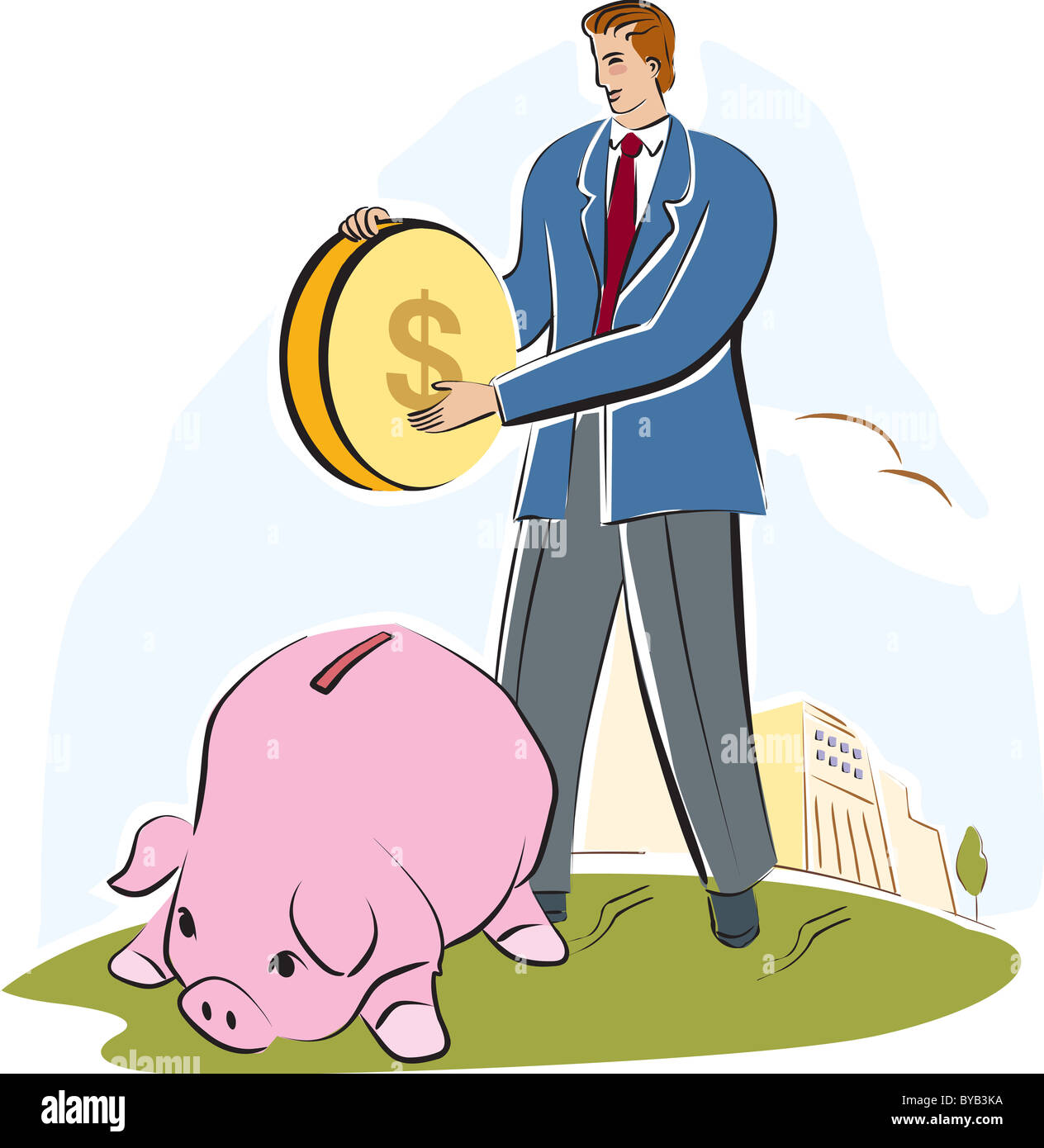 A man putting a large coin into a piggy bank Stock Photo - Alamy